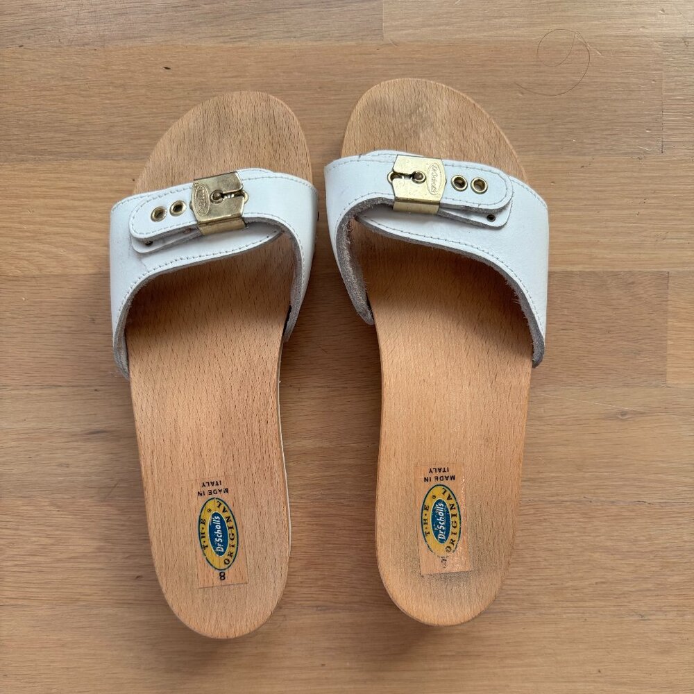 Dr. Scholls Original Exercise Sandals White Leather Wood Vtg Made in Italy EUC